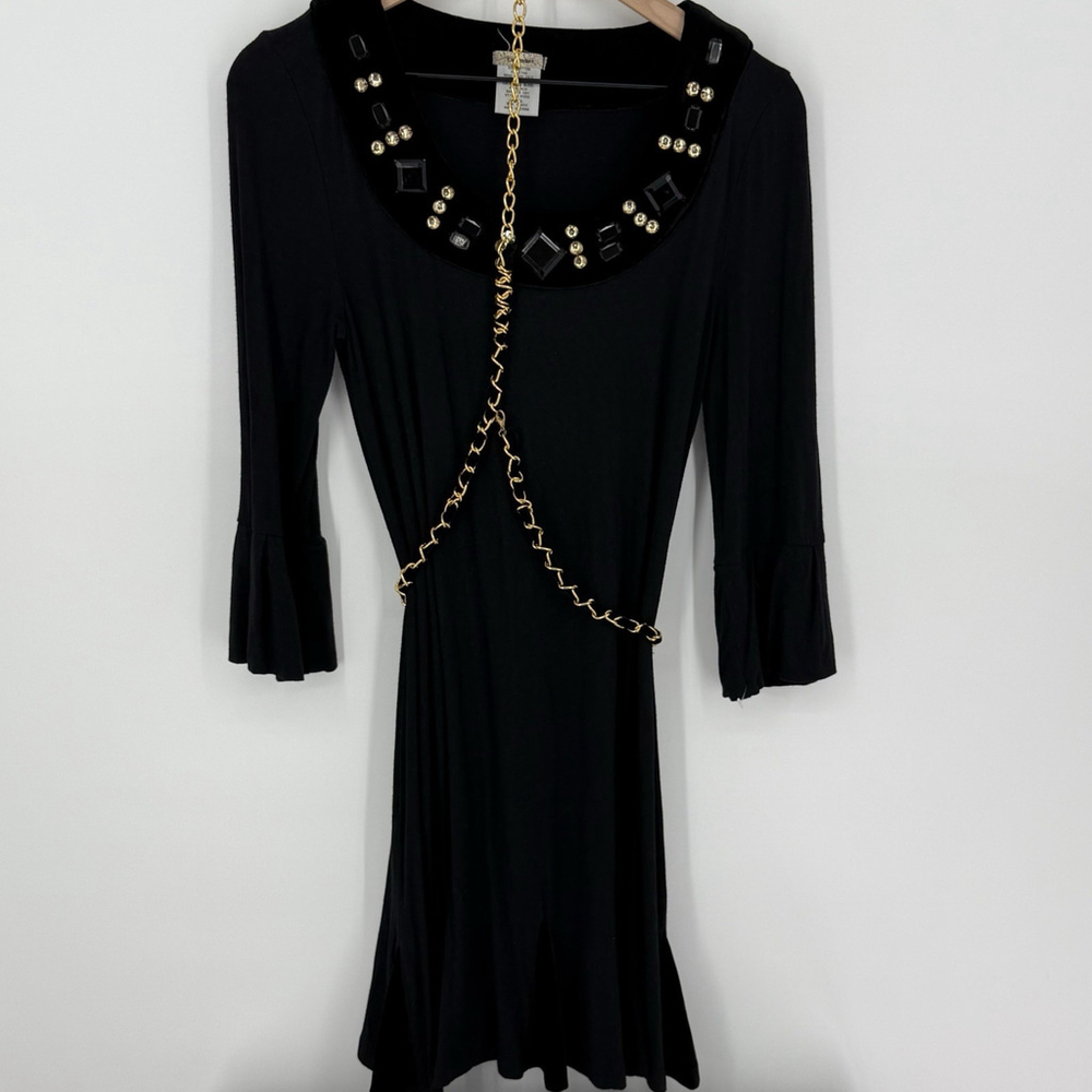 Lulumari Black Swing Dress Beaded Neckline Chain Belt Women’s Size Large